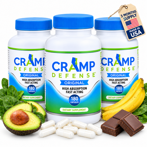 Three Cramp Defense Original dietary supplement bottles, each labelled 180 capsules
